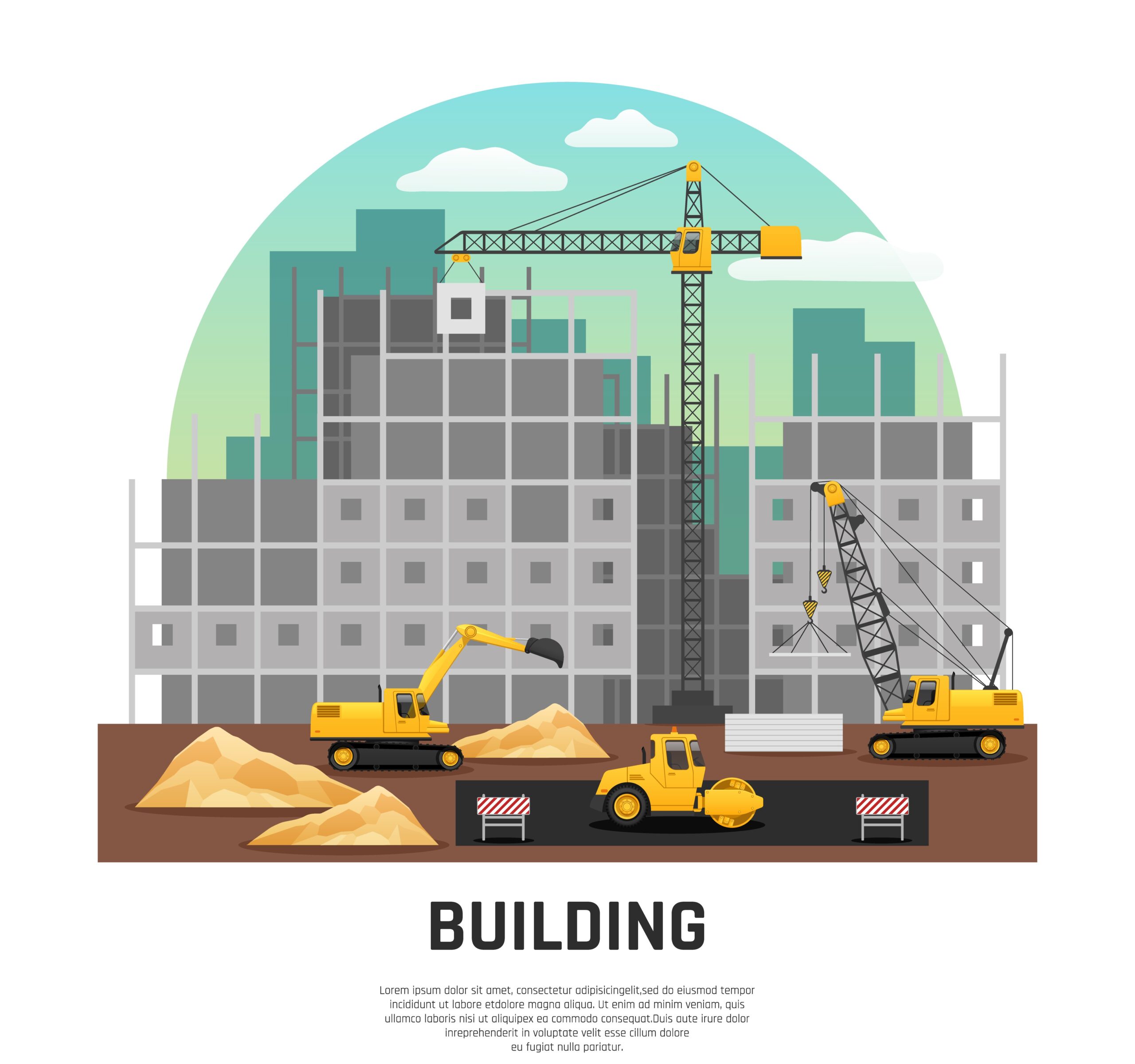 Modern building construction site with cranes and excavator machinery at work flat half-rond composition vector illustration